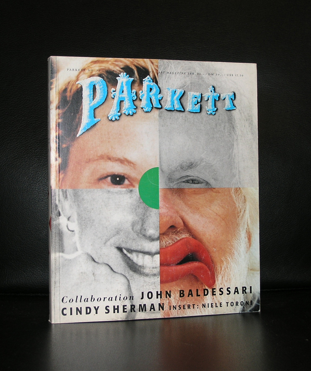 Cover of Parkett magazine featuring a collaboration between John Baldessari and Cindy Sherman, with a split image of different faces and colorful graphic elements.