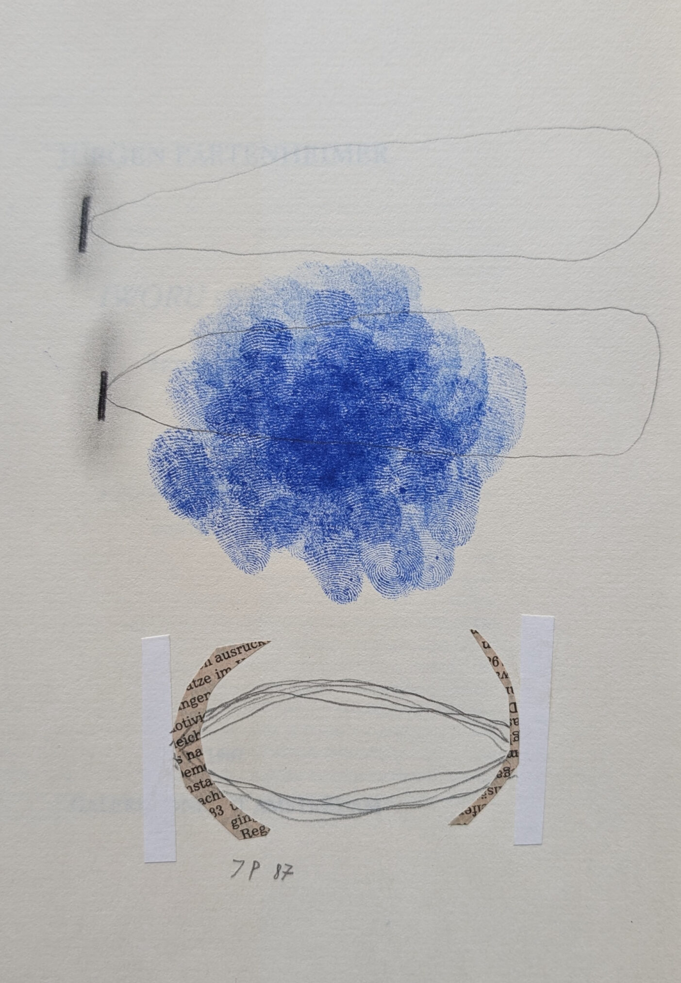 An abstract drawing featuring a blue cloud-like shape, intricate line work, and fragments of text, highlighting the artistic style of Jürgen Partenheimer.