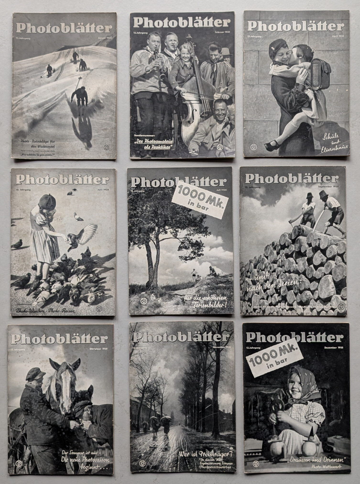 A collection of vintage Photoblätter magazine covers displayed in a 3x3 grid. The magazines feature various black and white photographs and illustrations, showcasing different topics related to photography, dating from the early 1930s.