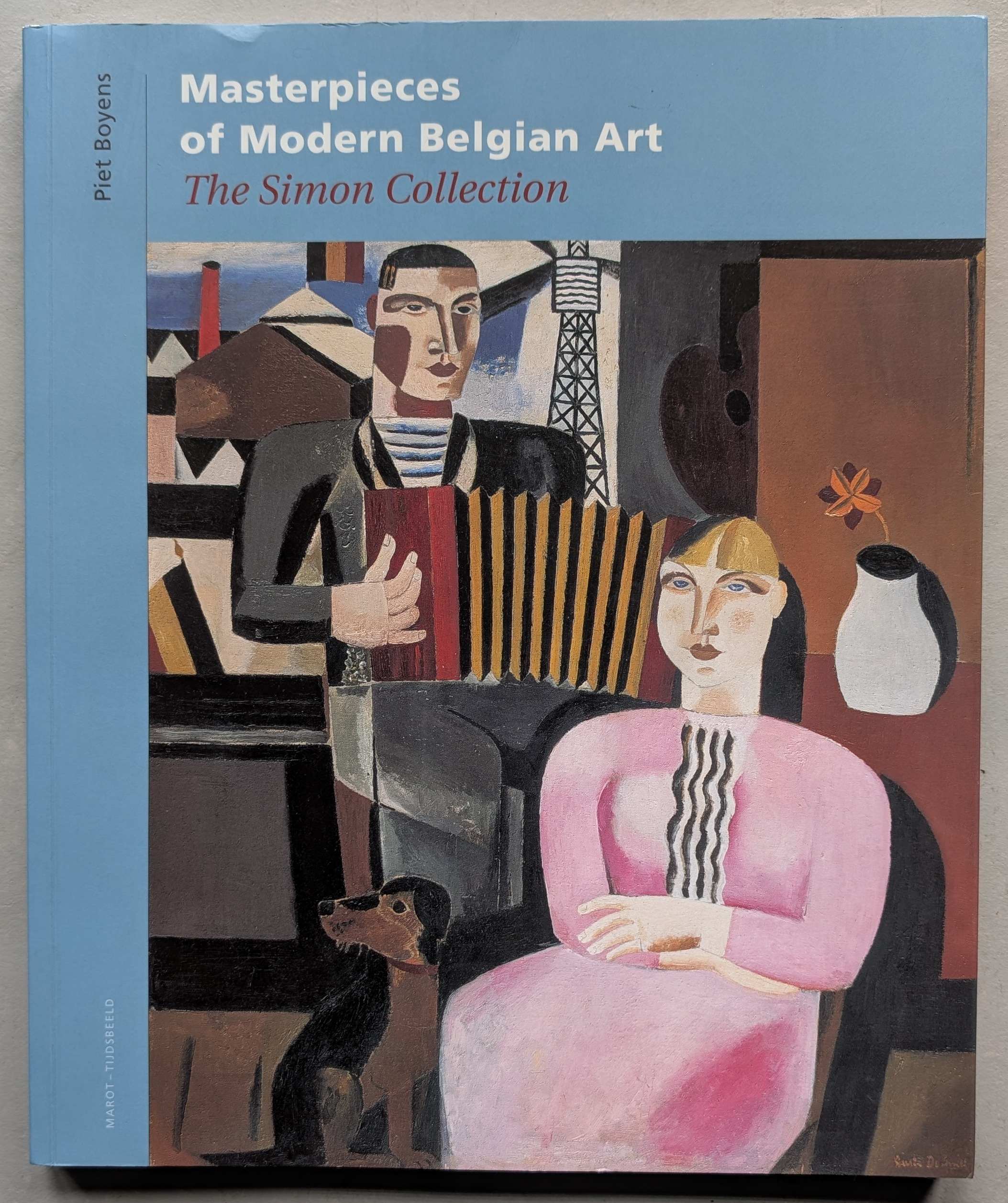 Book cover titled 'Masterpieces of Modern Belgian Art: The Simon Collection' featuring a painting of a man playing an accordion and a woman in a pink dress with a dog at their feet.