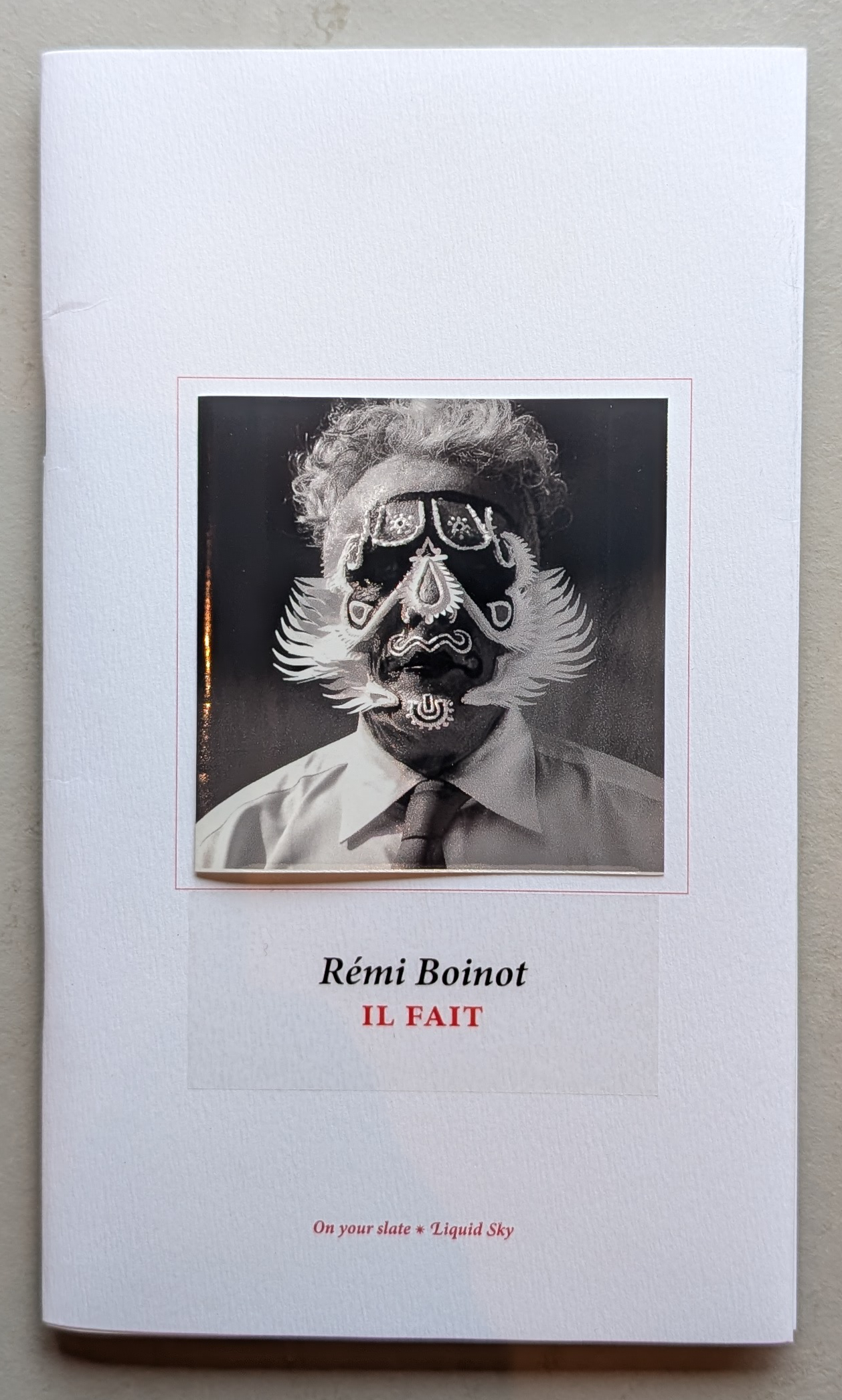 A book cover featuring a black and white portrait of a man wearing a mask with intricate designs, paired with the title 'Rémi Boinot IL FAIT' prominently displayed.
