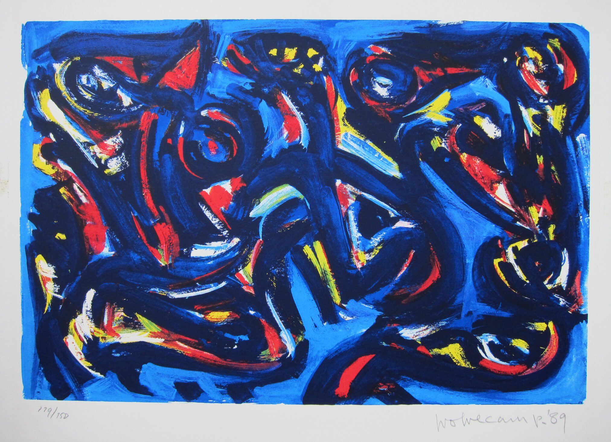 An abstract painting by Theo Wolvecamp, featuring dynamic brush strokes in vibrant colors like blue, red, and yellow, showcasing a blend of mythological themes and emotional intensity.