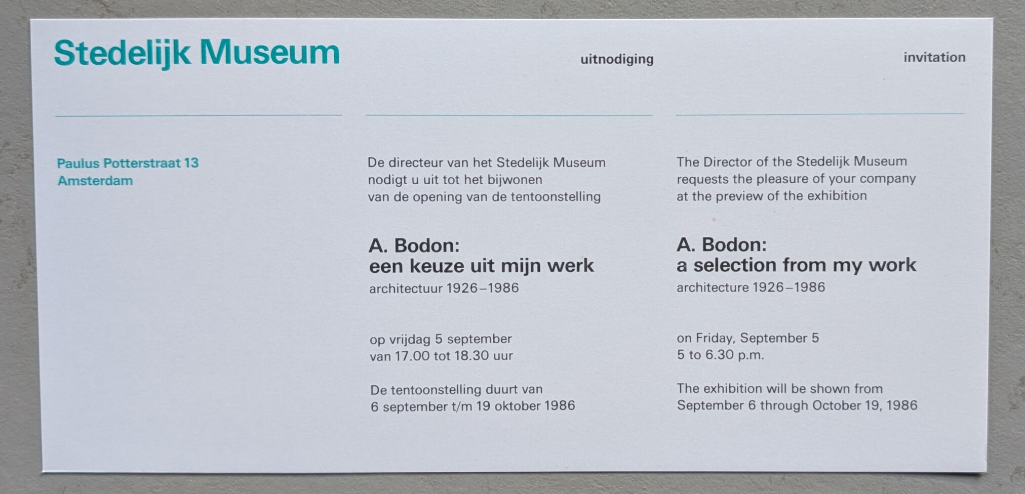 Invitation card for the A. Bodon exhibition at the Stedelijk Museum, detailing event date and time in both Dutch and English.